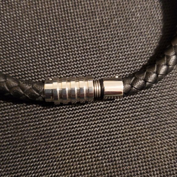 BlackJack Braided Leather Stainless Steel and Black Men's Bracelet - Picture 5 of 6